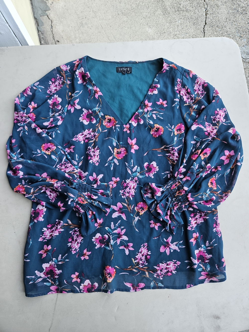 STATE Teal Floral V-Neck Long Sleeve Blouse